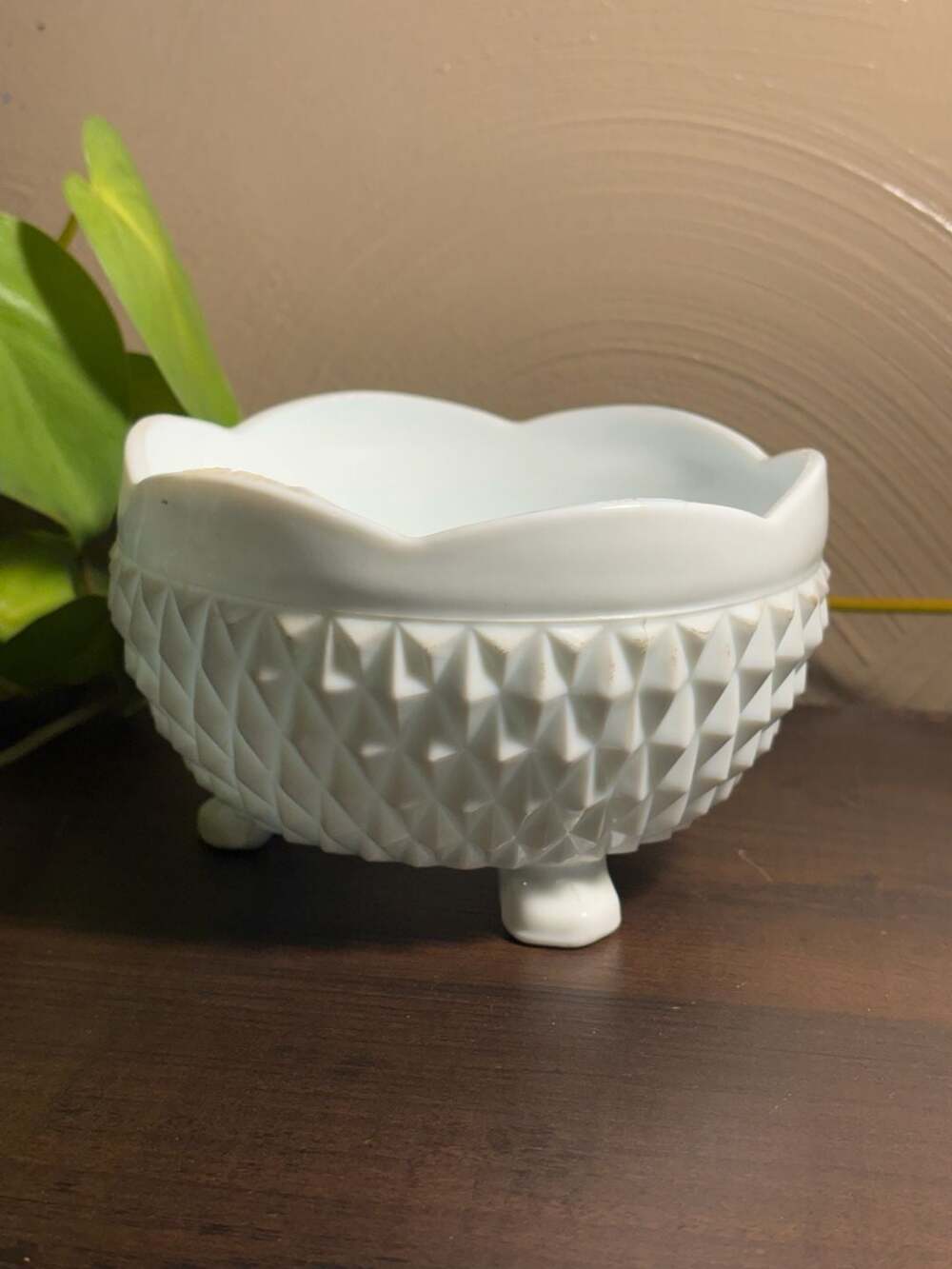 Vintage Indiana Glass Diamond Point Milk Glass Three-Toed Bowl